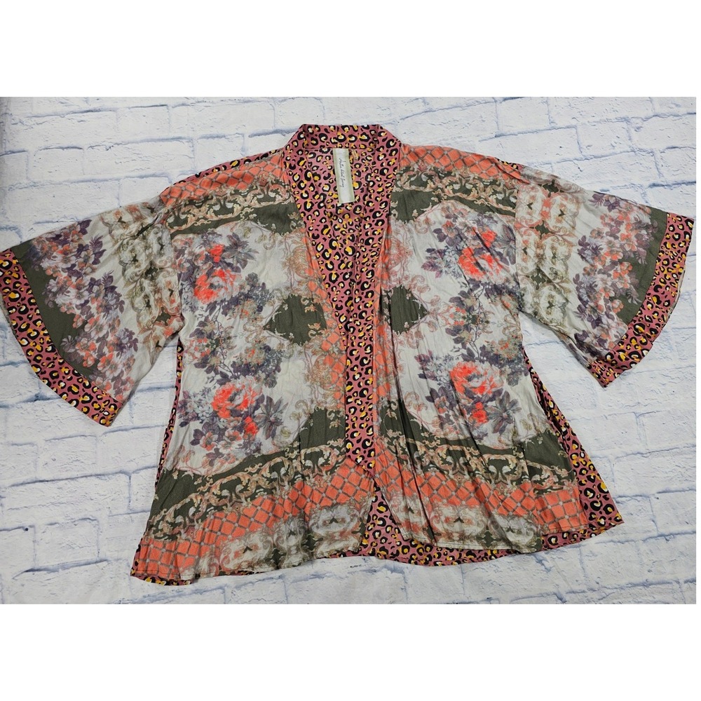 Aratta Silent Journey Kimono Cardigan Womens OS Pink Floral Leopard Mixed Print - Picture 1 of 13